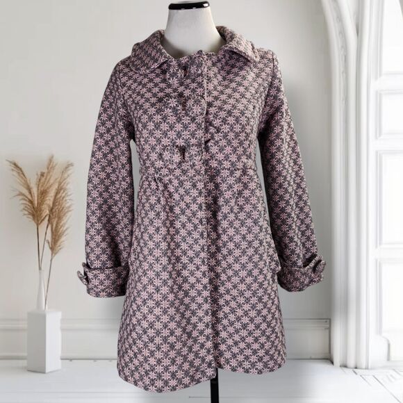 Vintage 60s Mod Pea Coat Size S Pink Snowflake Tweed Collared Handmade